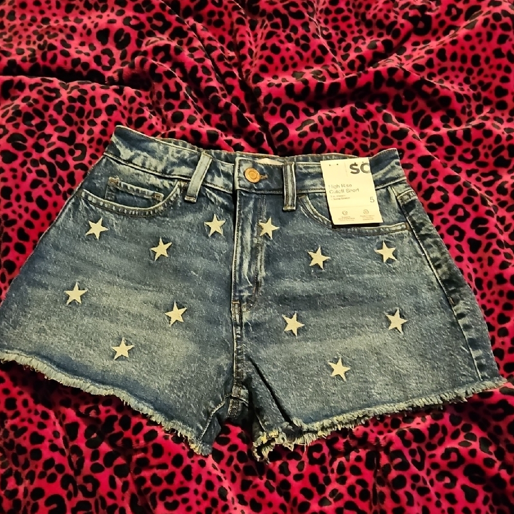 SO Brand, Denim Star-Embellished Embroidery Shorts
